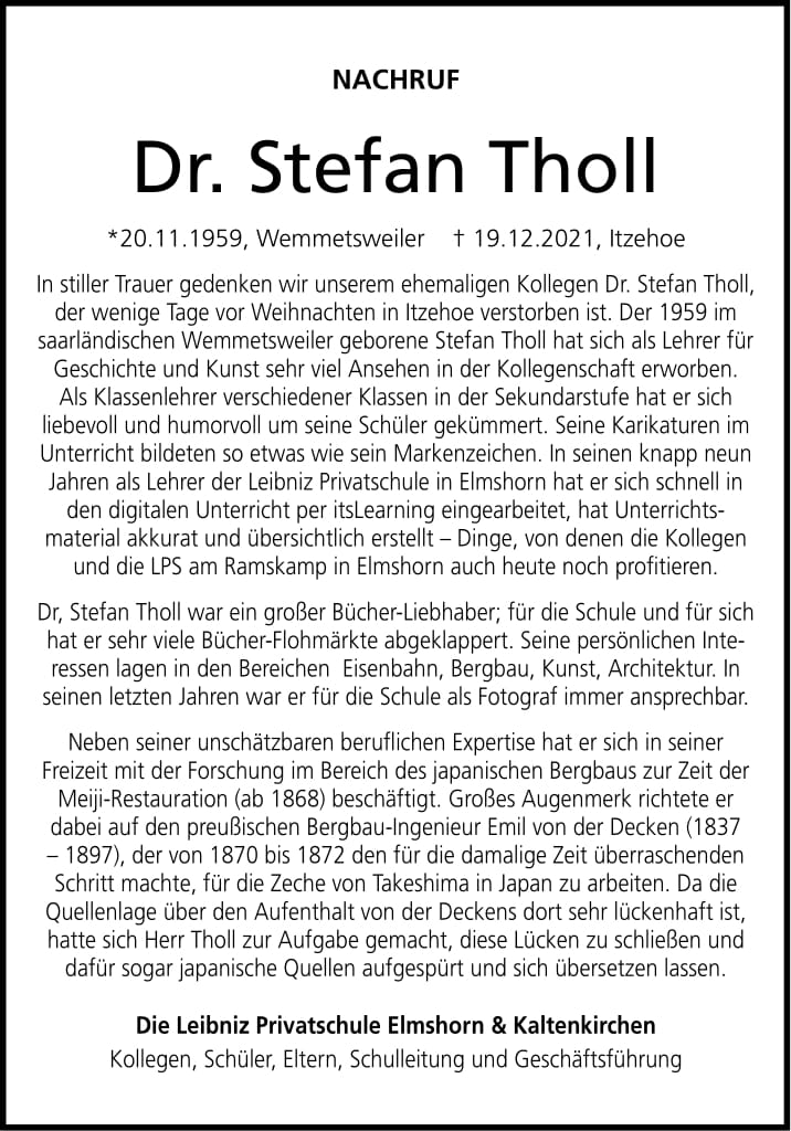 Nachruf Dr. Stefan Tholl